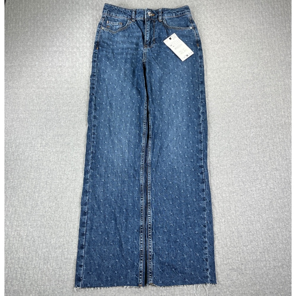 New Zara baggy wide leg Jeans Women‎ 2 Blue medium wash High Rise Raw Hem
